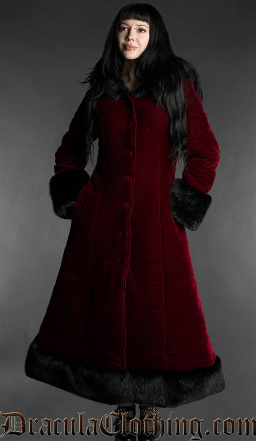Bordeaux Velvet Puffer Winter Coat With Hood