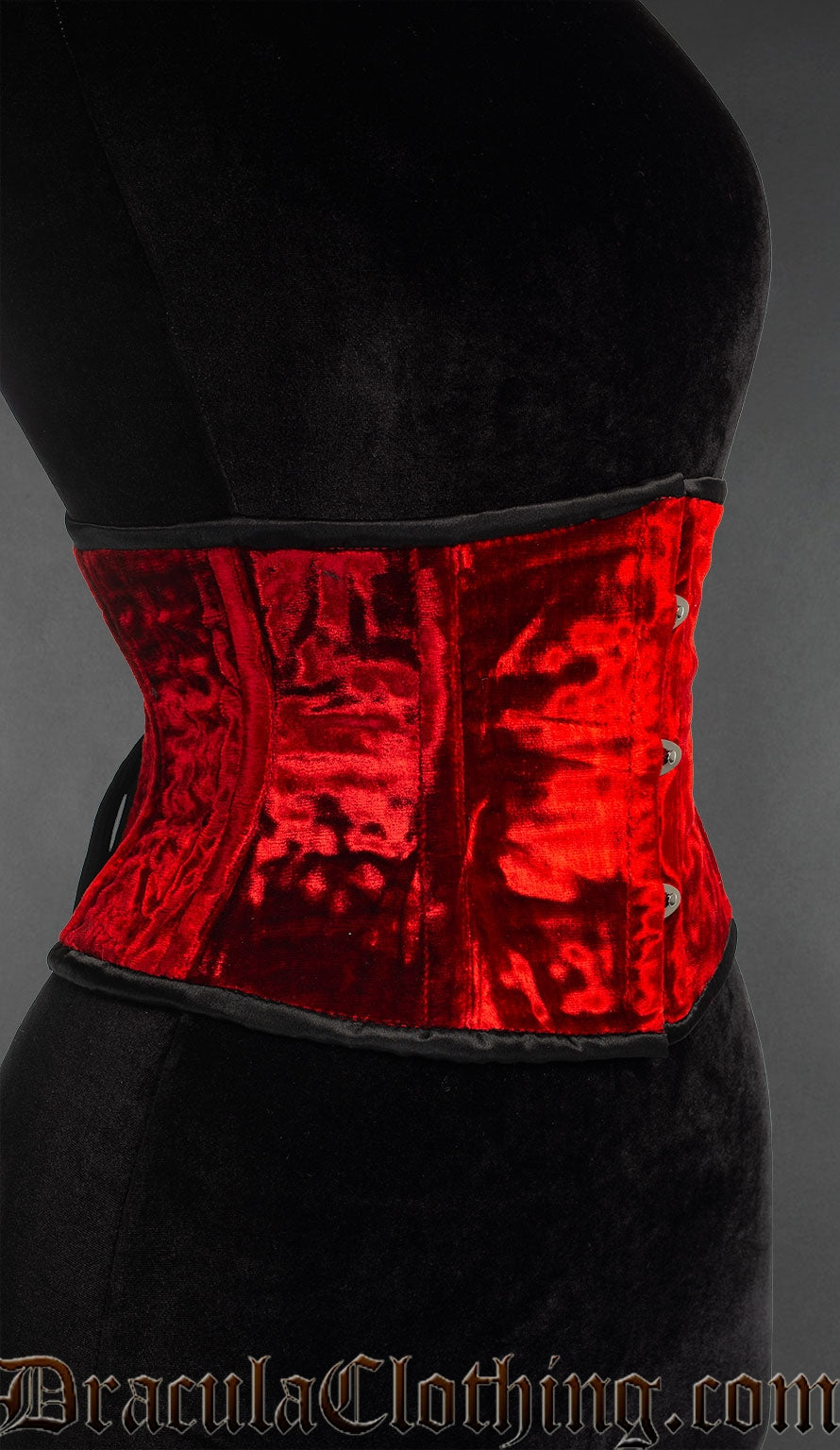 Side view of waist cincher made with red velvet