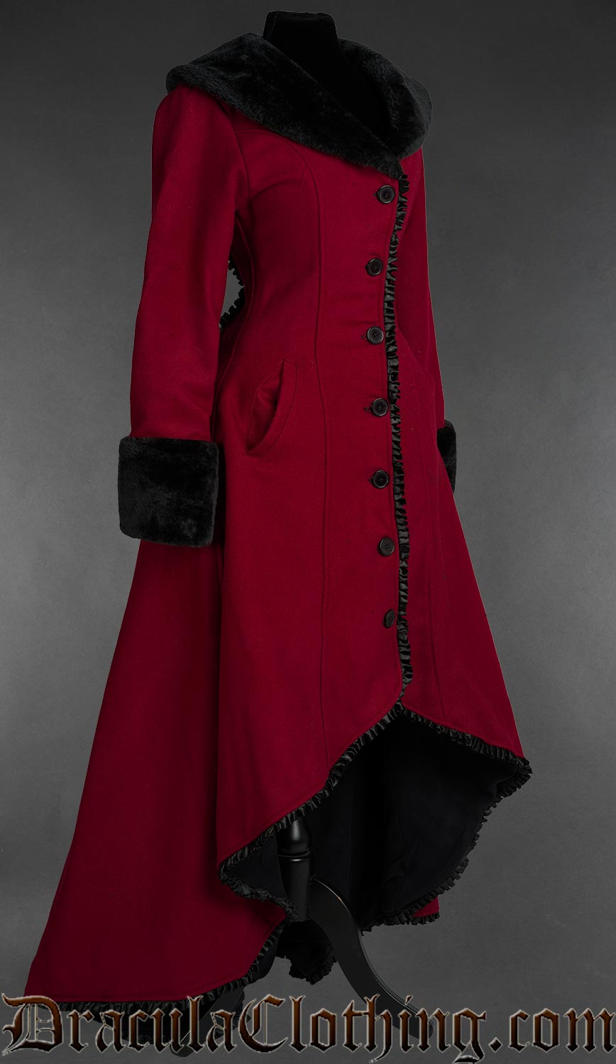 Red wool gothic princess coat with black faux fur trim and dramatic Victorian silhouette with pockets