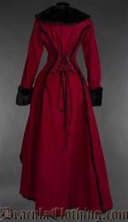 Back view of Red wool gothic princess coat with black faux fur trim and dramatic Victorian silhouette with pockets