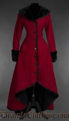 Front view of Red wool gothic princess coat with black faux fur trim and dramatic Victorian silhouette with pockets