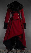Women's red wool high low coat with black faux fur and frilled satin accents. Wrap closure with buttons