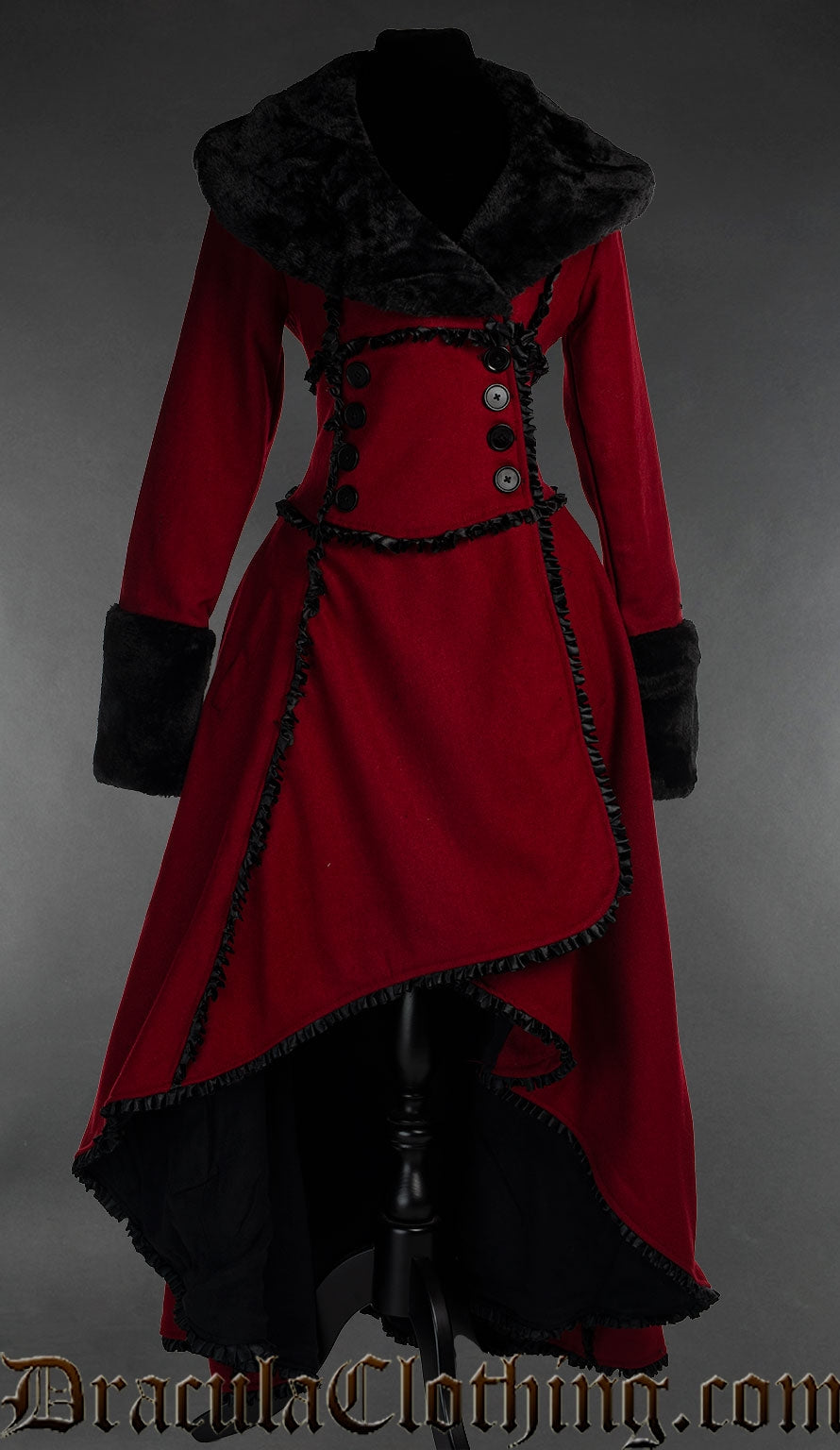 Women's red wool high low coat with black faux fur and frilled satin accents. Wrap closure with buttons