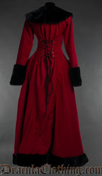 Back view of red wool women's coat with black faux fur accents showing adjustable corset style lacing in the back