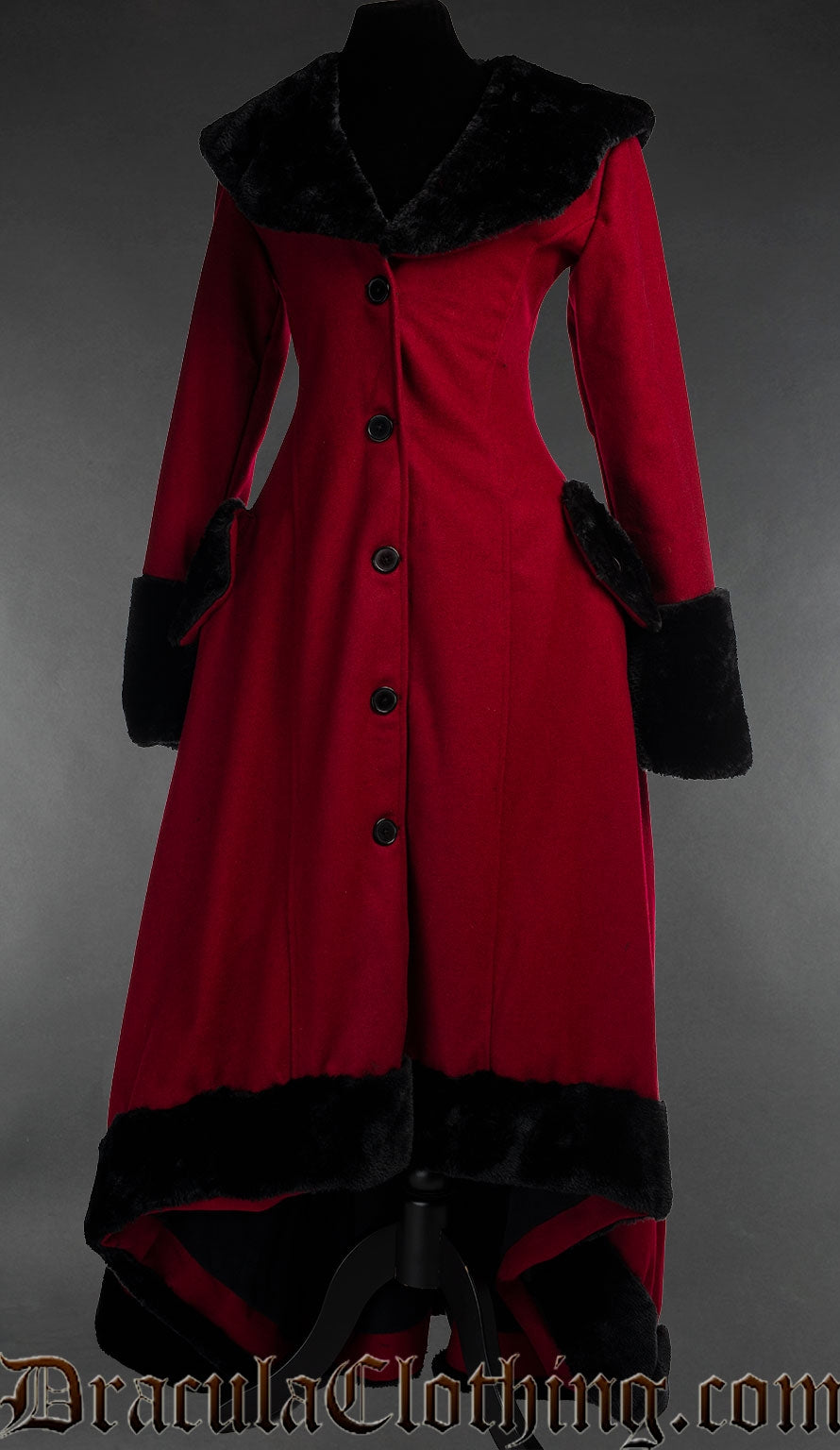 Women's centre closure red wool high low coat with black faux fur collar sleeve cuffs and hem