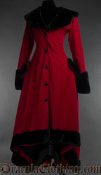 Women's centre closure red wool high low coat with black faux fur collar sleeve cuffs and hem