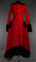 Red women's high low winter coat made from wool black faux fur and fleece lining