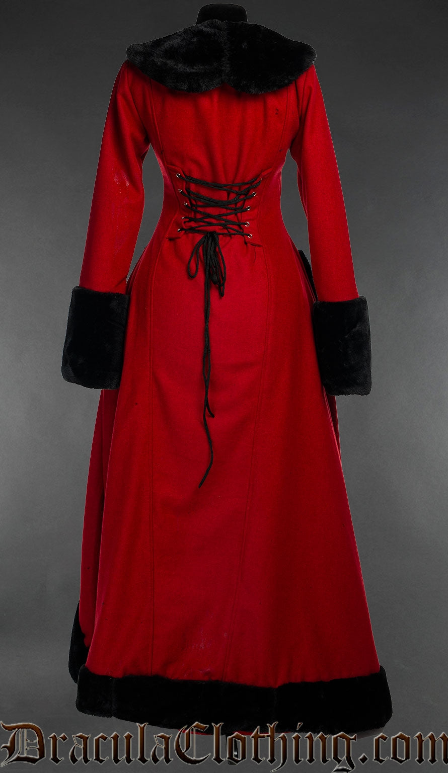 Back view of women's red winter wool coat showing adjustable corset style lacing using black lace