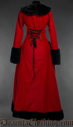 Back view of women's red winter wool coat showing adjustable corset style lacing using black lace