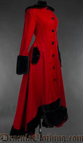 Women's red wool coat with fleece lining and black faux fur accents. Front button closure and black buttons