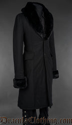Black gothic regent coat with faux fur collar and cuffs, long tailored coat angled side view