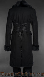 Black gothic regent coat back view with lace-up corset waist and faux fur trim, long tailored coat