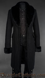 Black gothic regent coat with faux fur collar and cuffs, long tailored coat front view open style