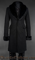 Black gothic regent coat with faux fur collar and cuffs, long tailored coat front view