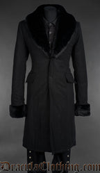 Black gothic regent coat with faux fur collar and cuffs, long tailored coat front view