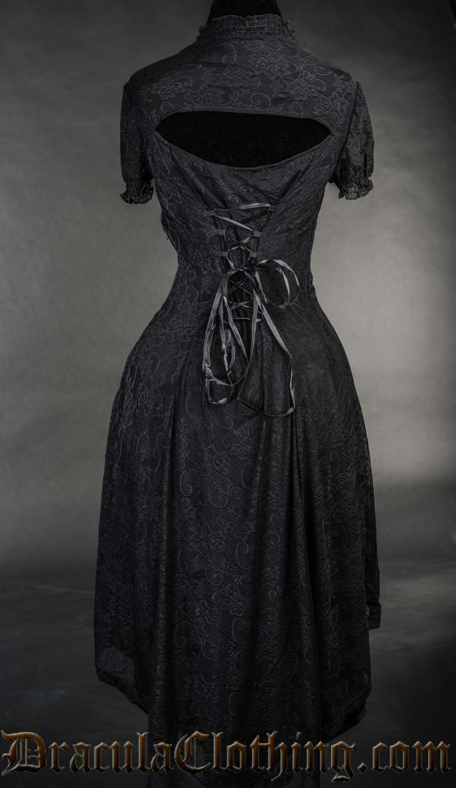 Back view of black romantic lace dress showing back keyhole opening and adjustable lacing in the torso