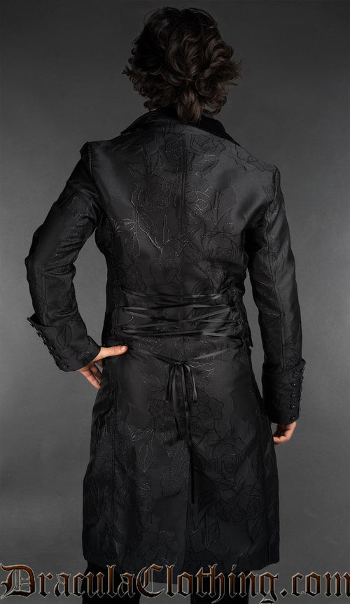 Back view of goth long brocade coat with a rose pattern and velvet details