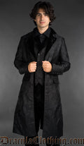 Black long coat in a rose pattern brocade with velvet lapels
