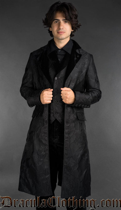 Black gothic long coat with rose brocade pattern and velvet lapels, alternative menswear coat