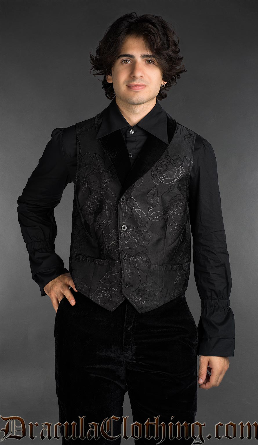 Goth black brocade vest with a rose pattern and velvet details