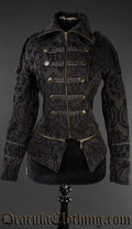 Women's thick black jacquard jacket with military inspired design and zip attachment to make jacket longer