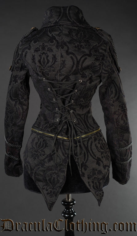 Back view of black brocade jacket showing tailcoat style zipped attachment and adjustable lacing in torso