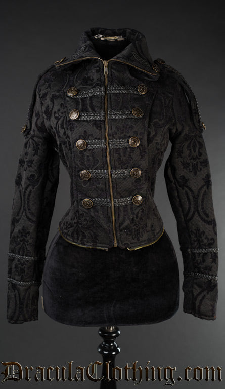 Military inspired black brocade women's jacket with gold details shown without tailcoat attachment making bodice shorter