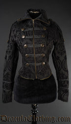 Military inspired black brocade women's jacket with gold details shown without tailcoat attachment making bodice shorter