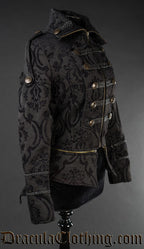 Side view of military inspired black brocade jacket showing decorative shoulder and sleeve details