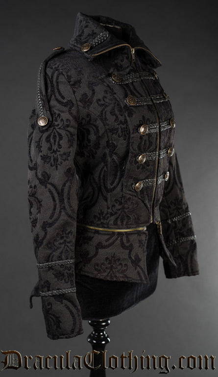 Side view of military inspired black brocade jacket showing decorative shoulder and sleeve details