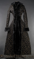 Long women's winter coat made with black grey and gold brocade jacquard fabric and black faux fur accents