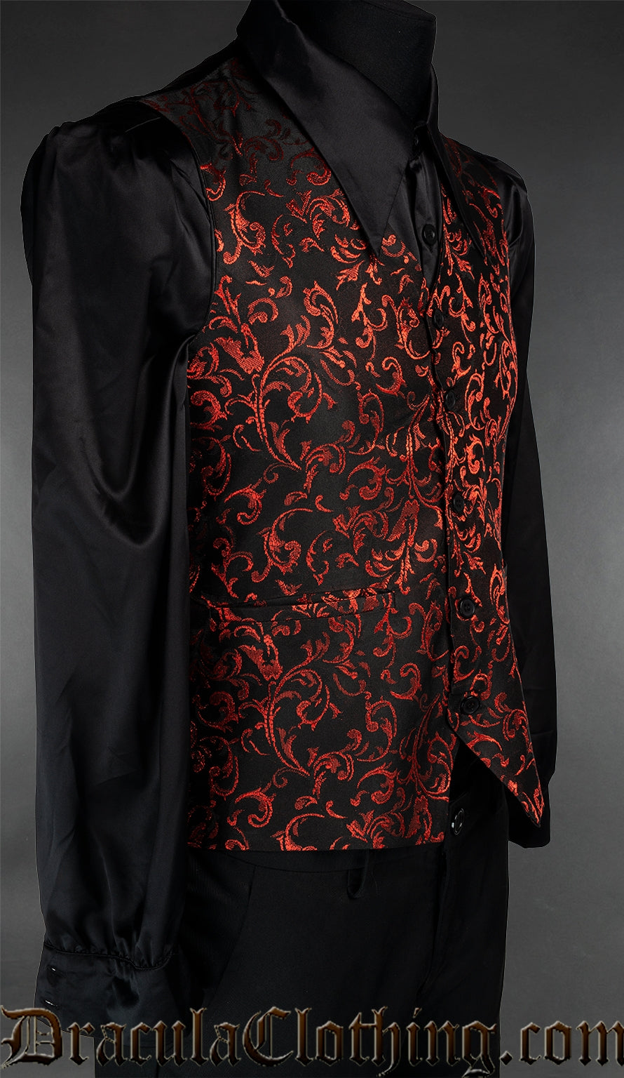 Side view of men's red and black brocade waistcoat vest showing fabric and front pockets
