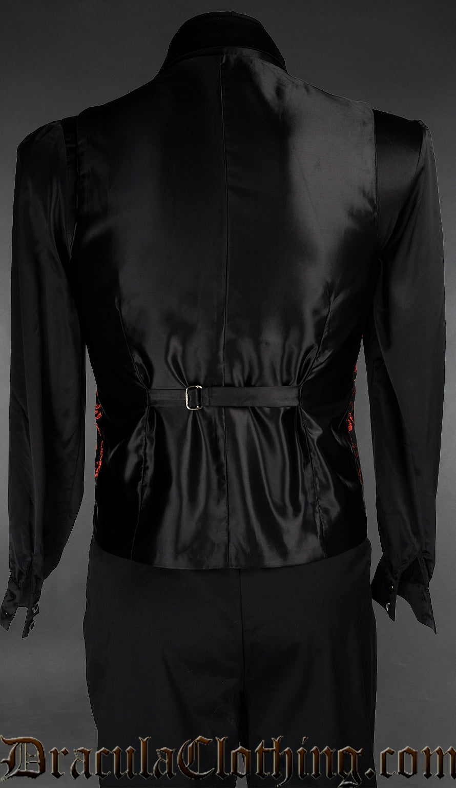 Back view of men's red brocade groom vest showing satin back and adjustable belt