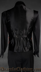 Back view of men's red brocade groom vest showing satin back and adjustable belt