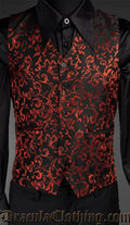 Men's black vest waistcoat with red woven brocade details shown over a black shirt