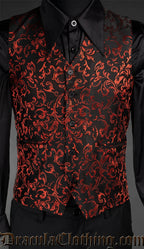Men's black vest waistcoat with red woven brocade details shown over a black shirt