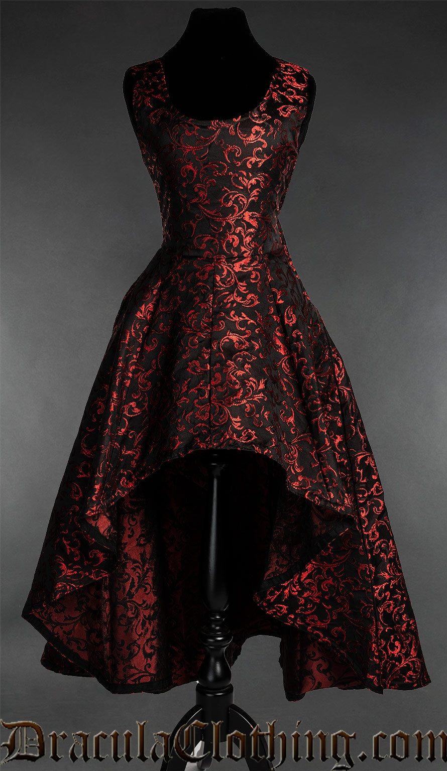 Women's black sleeveless high low dress with woven red brocade details