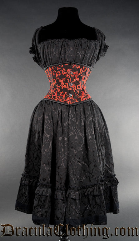 Red and black woven brocade waist cincher shown over a black brocade dress