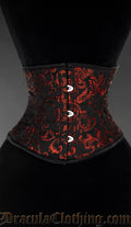 Black waist cincher with ruby red woven brocade details