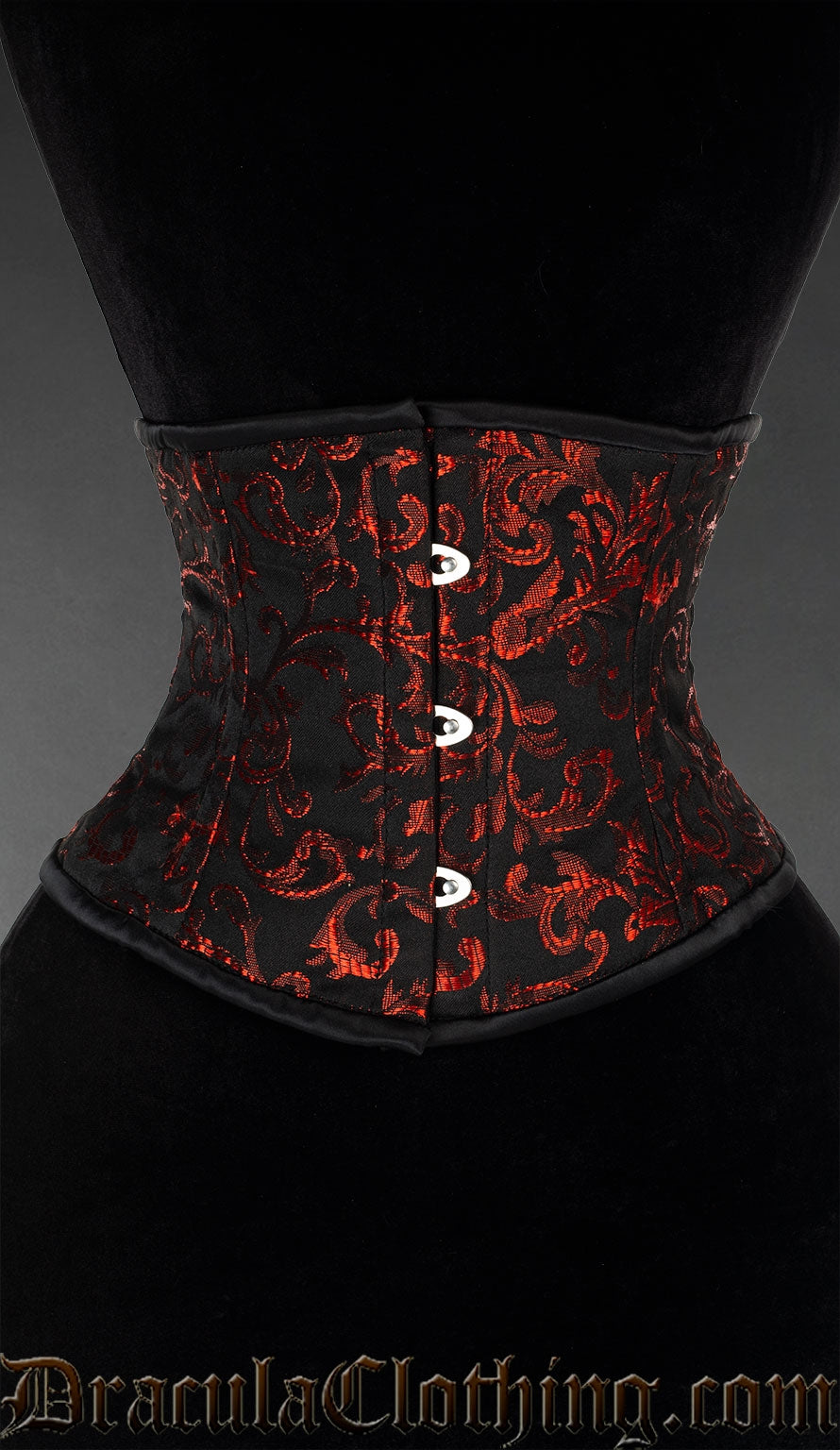 Black waist cincher with ruby red woven brocade details