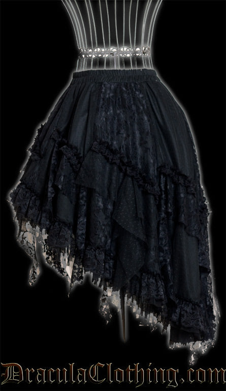 Side view of black lace satin ruffle skirt in high low style