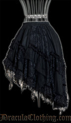 Side view of black lace satin ruffle skirt in high low style