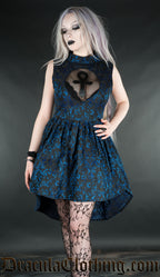 Women's short high low blue brocade dress with ankh motif and keyhole illusion cutout 