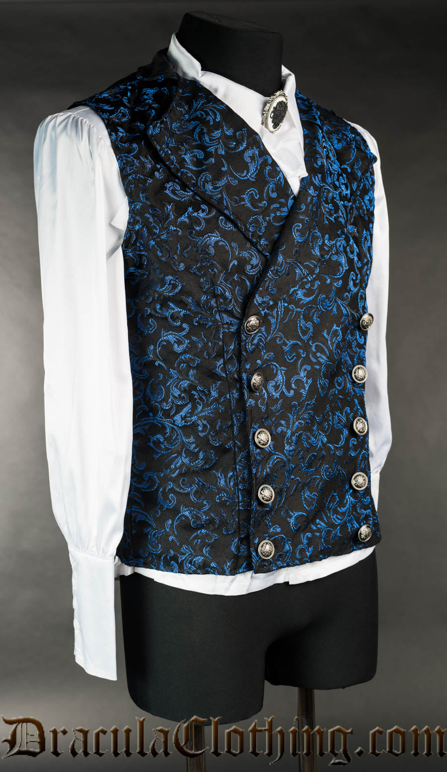 Side view of men's blue brocade double buttoned vest