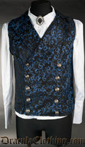 Men's double buttoned blue brocade vest with wide lapel collar and two rows of buttons