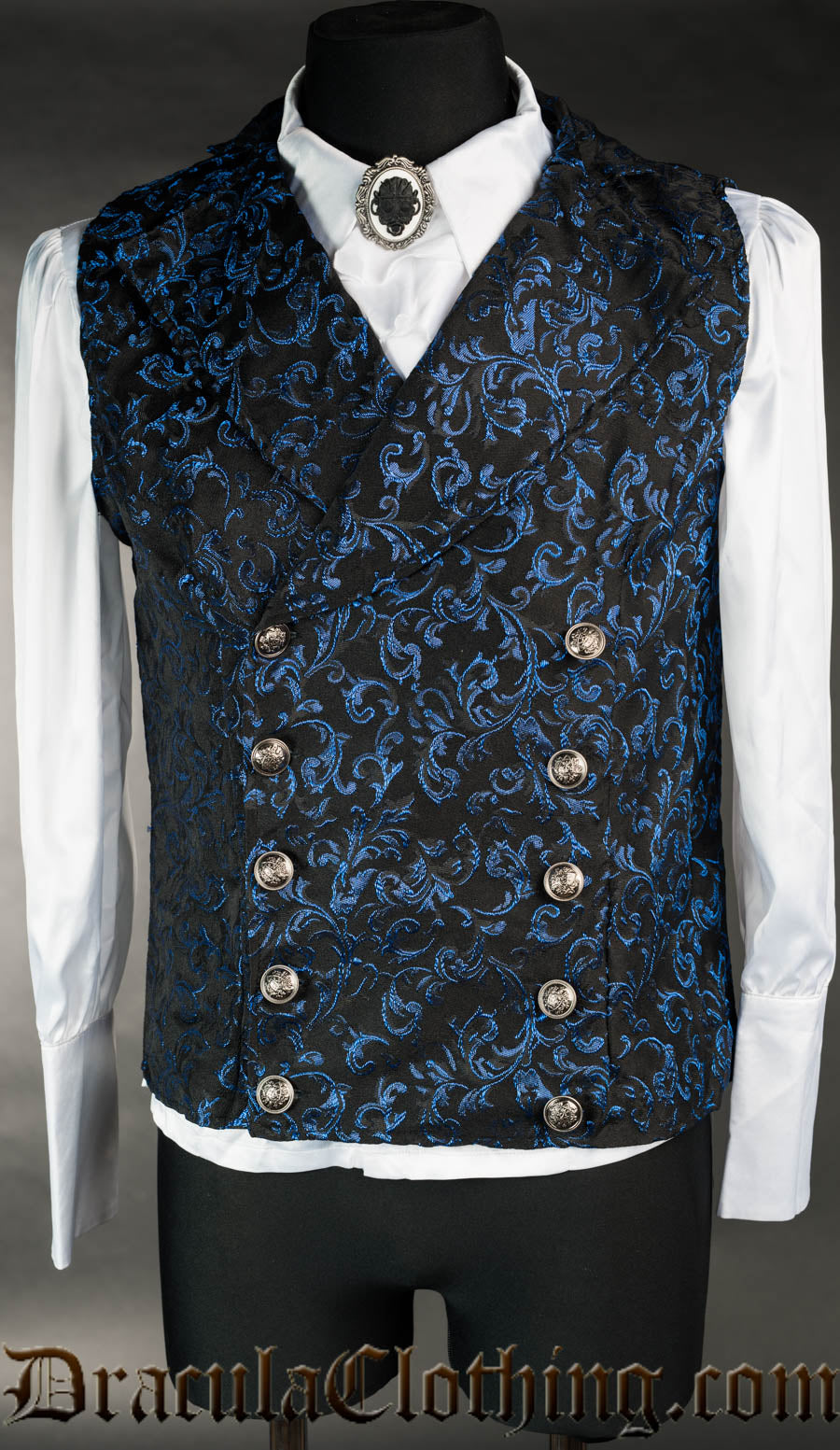 Men's double buttoned blue brocade vest with wide lapel collar and two rows of buttons