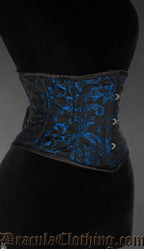 Side view of black waist cincher with woven sapphire blue details on cotton brocade fabric