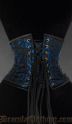 Back view of black and sapphire blue waist cincher showing adjustable corset lacing and matching modesty panel