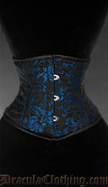 Black waist cincher with blue woven details in a sapphire style on brocade fabric