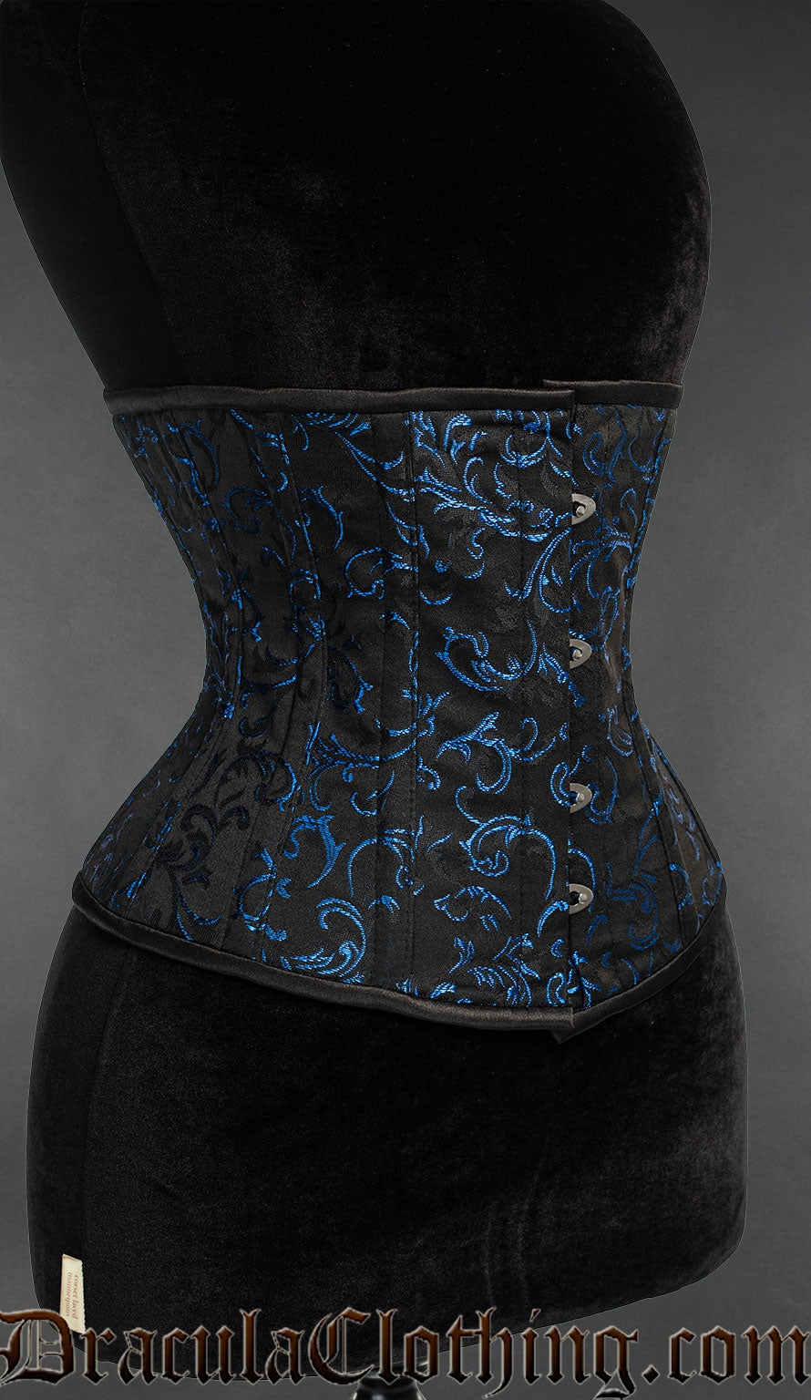 Side view of blue brocade underbust corset